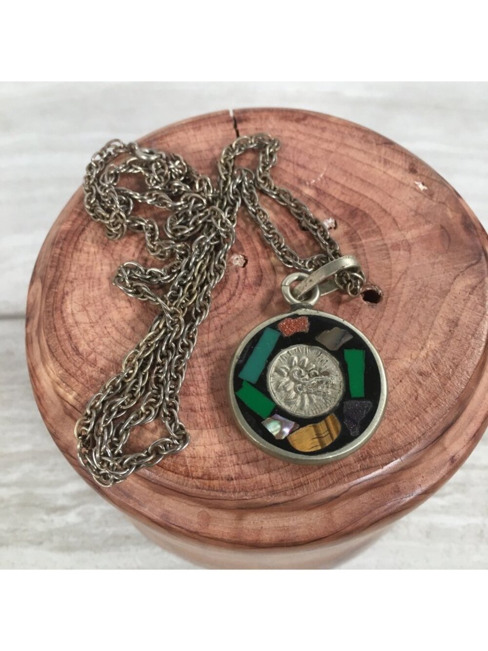 Handcrafted Pendant Necklace – Tribal Mosaic Design w/ Coin-Like Medallion